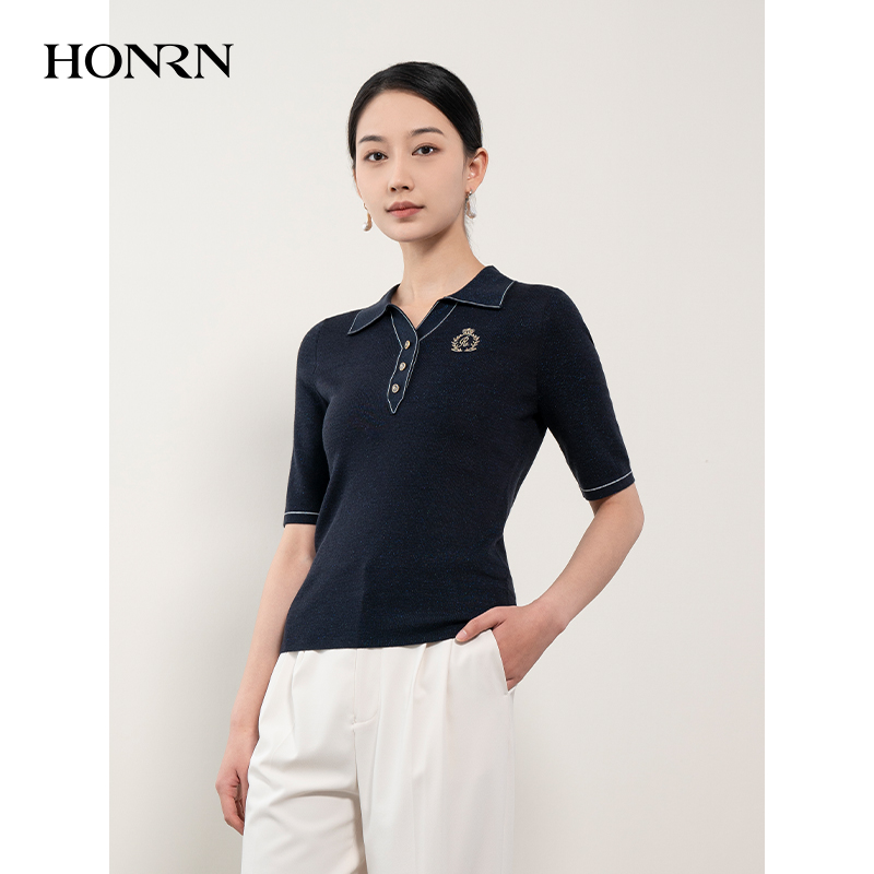 HONRN/红人蓝色修身显瘦短袖翻领套头针织衫上衣女春秋HH11OM194