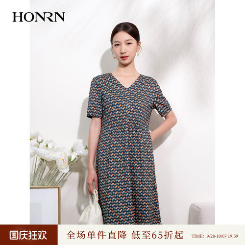 HONRN/红人印花v领短袖连衣裙
