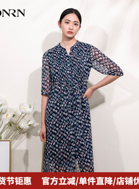 HONRN/红人印花v领系带收腰显瘦中长款a字连衣裙女夏HI22OL833