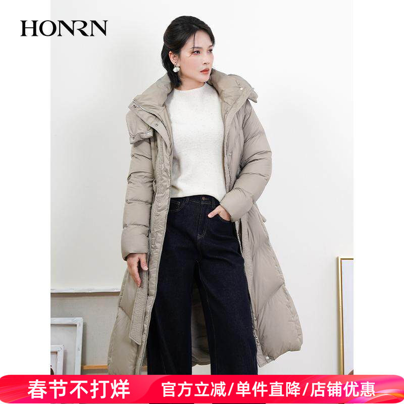 HONRN/红人轻薄长款系带收腰连帽鸭绒羽绒服女款冬季HJ59YR249