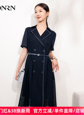 HONRN/红人气质蓝色短袖修身收腰显瘦a字中长连衣裙女夏HI22OL705