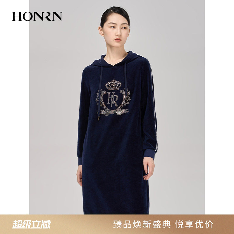 HONRN/红人秋季丝绒长袖遮肚子减龄垂坠感显瘦连衣裙女HI39OL019