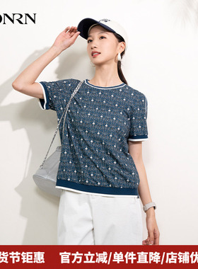 HONRN/红人休闲宽松薄款印花圆领短袖正肩女t恤上衣夏HI22SY337