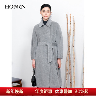 HONRN 系带收腰羊驼毛羊毛呢大衣外套女秋冬HI55OD086 红人中长款