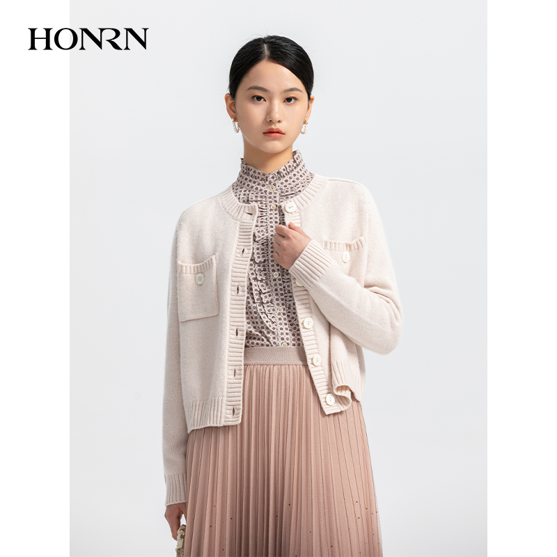 HONRN/红人早秋粉色长袖羊毛衣针织衫开衫上衣外套女HH33OM694