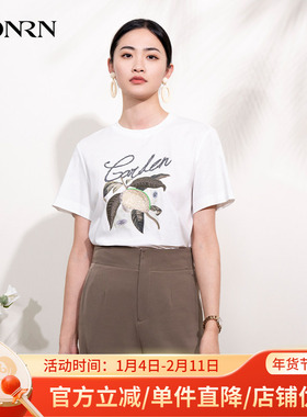 HONRN/红人宽松白色亮片钉珠刺绣纯棉短袖正肩女t恤夏HI22SY523