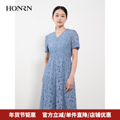 HONRN 红人气质蓝色v领修身 收腰显瘦a字蕾丝连衣裙女夏HH22OL670
