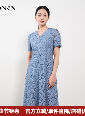 HONRN/红人气质蓝色v领修身收腰显瘦a字蕾丝连衣裙女夏HH22OL670
