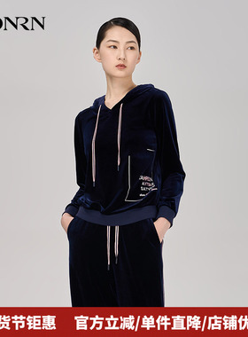 HONRN/红人宽松运动休闲蓝色丝绒长袖连帽卫衣女春秋款HI39SY021