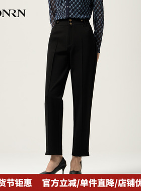 HONRN/红人黑色显瘦丝绒拼接高腰微弹直筒休闲裤女春秋HJ11OK315