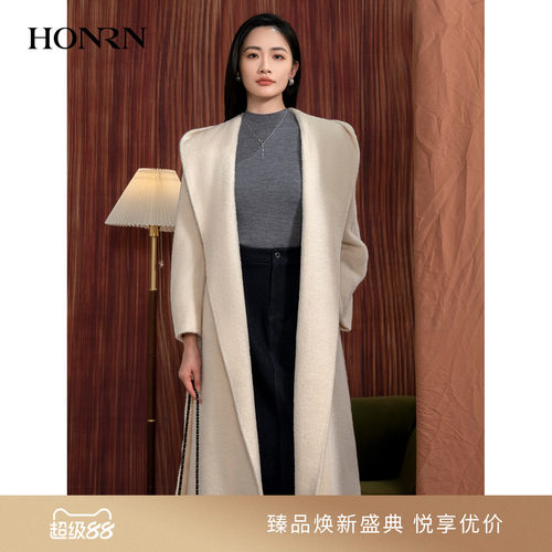 HONRN/红人连帽羊驼毛羊毛大衣