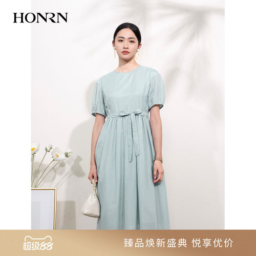 HONRN/红人系带收腰短袖连衣裙