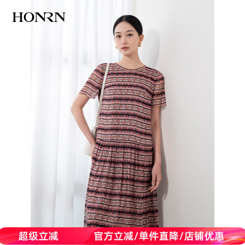 HONRN/红人圆领小众设计感宽松遮肚子显瘦连衣裙女夏季HH22OL774
