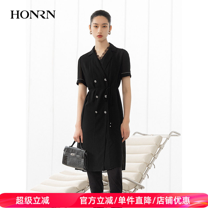 HONRN/红人黑色薄款又a又飒短袖休闲西装外套女夏中长款HH22OS828