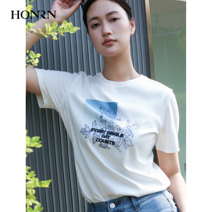 HONRN 商场同款 红人亲肤纯棉圆领宽松女t恤上衣夏秋HK22SY068