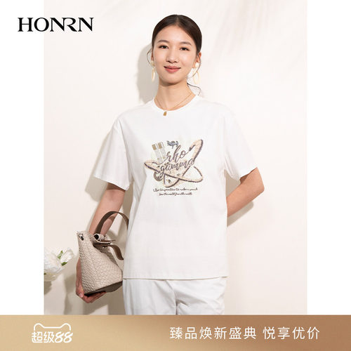 HONRN/红人白色圆领短袖t恤上衣