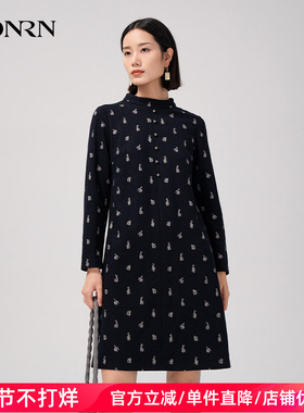 HONRN/红人蓝色兔子印花长袖立领羊毛直筒连衣裙女秋冬HG55OL508
