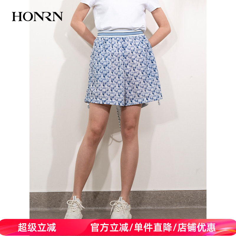 HONRN/红人宽松薄款松紧腰阔腿休闲短裤女款外穿夏季HI22OK245