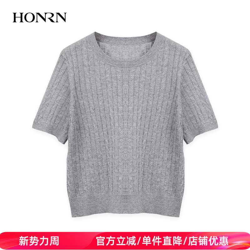 HONRN/红人薄款宽松显瘦圆领套头短袖针织衫上衣女夏HK29OM015