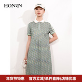 HONRN 红人绿色印花短袖 遮肉显瘦纯棉裙子连衣裙女夏HI22OL426