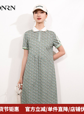 HONRN/红人绿色印花短袖遮肉显瘦纯棉裙子连衣裙女夏HI22OL426