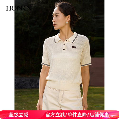 红人撞色POLO领短袖毛衫女