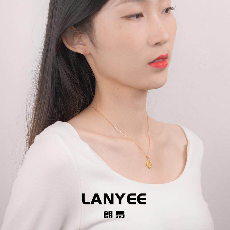 LANYEE黄水晶四叶花四叶草项链金色锁骨链镂空典雅生日礼物送女友
