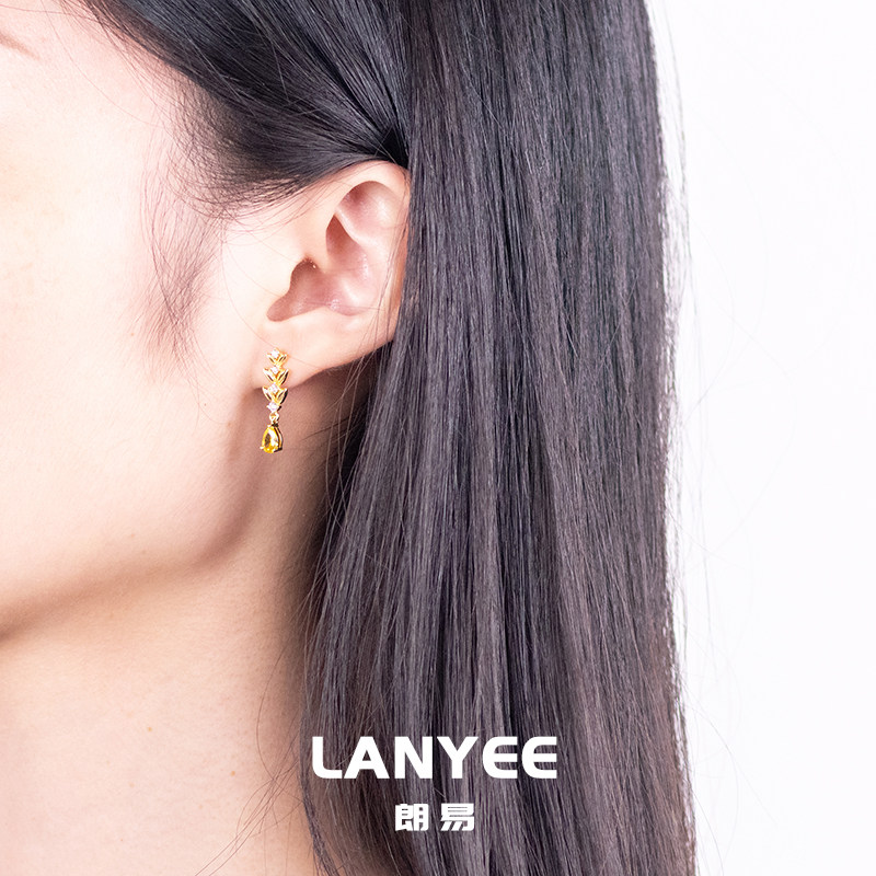LANYEE兰花草耳链小众轻奢几何耳环耳钉金色垂坠式耳坠黄水晶耳饰