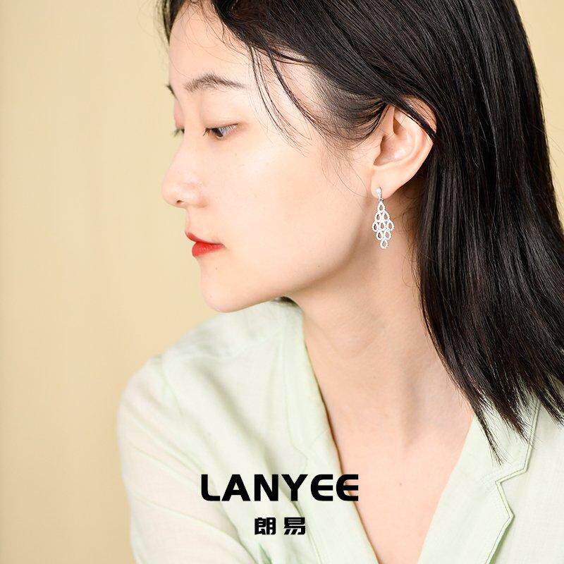 LANYEE菱形蕾丝花朵耳环女法式复古长款几何欧美风气质高级感耳饰