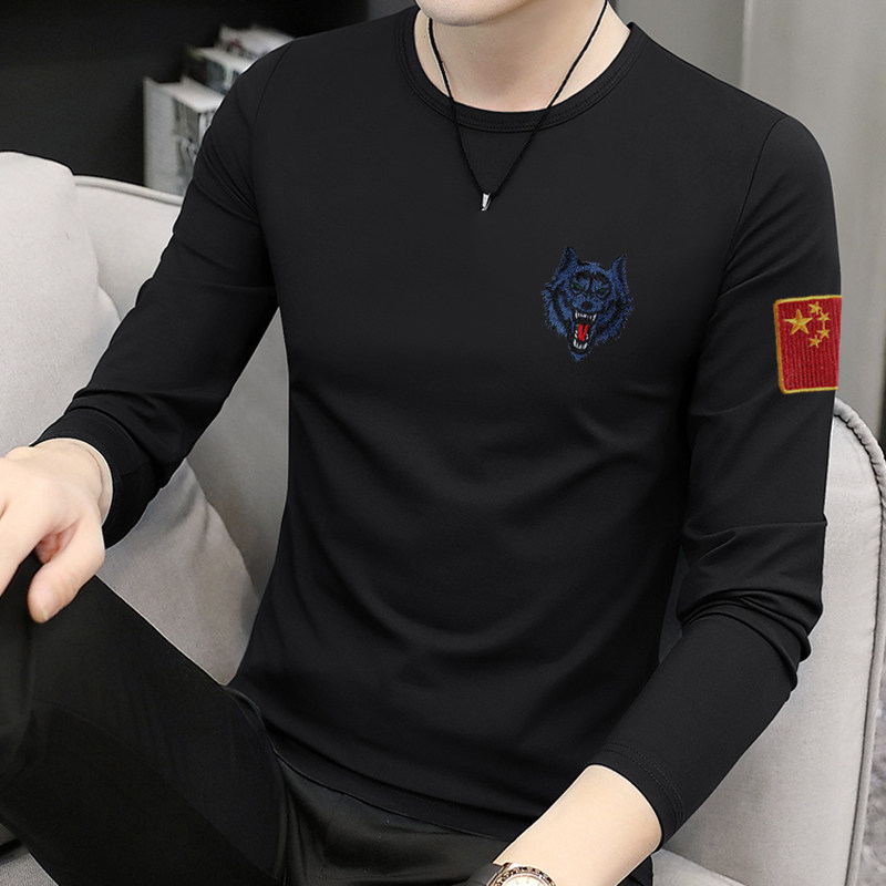新式户外长袖棉款军迷男士春秋季特种兵军训训练服刺绣狼头t恤衫