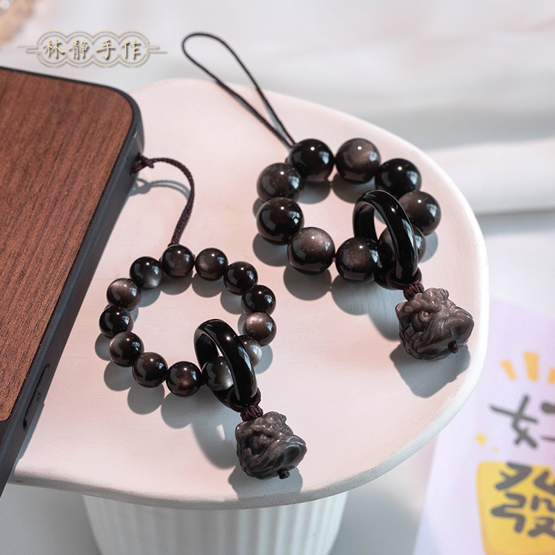 黑曜石醒狮手机链挂件指环扣