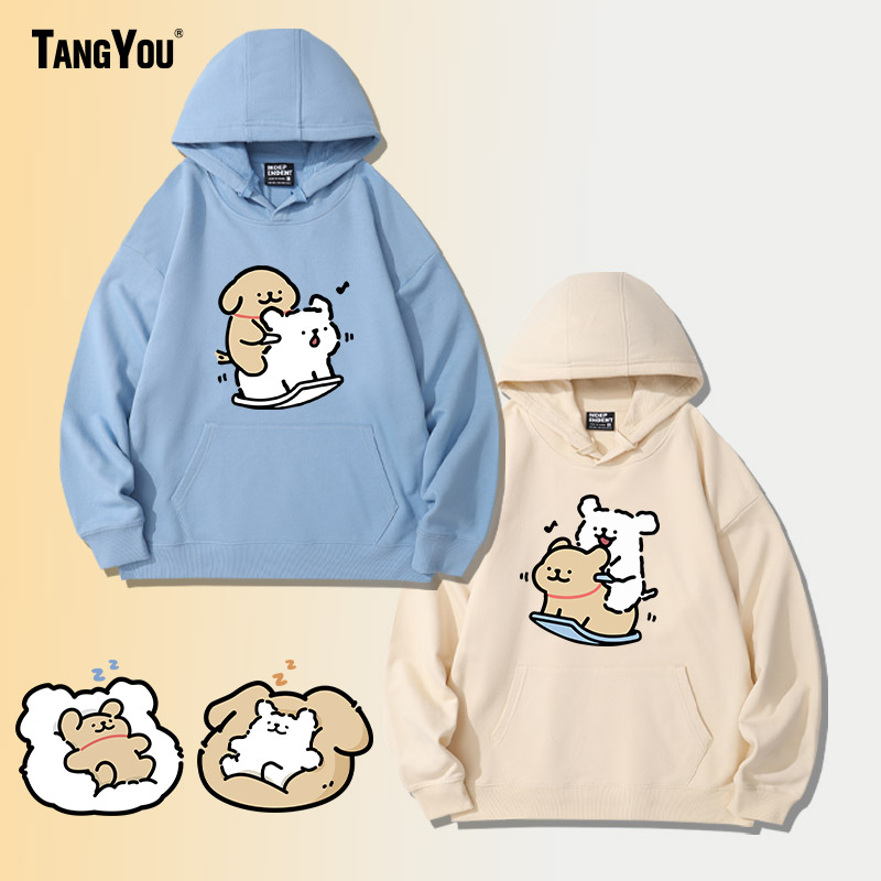 卡通马尔济斯线条小狗印花加绒连帽卫衣男女秋冬同款情侣宽松上衣