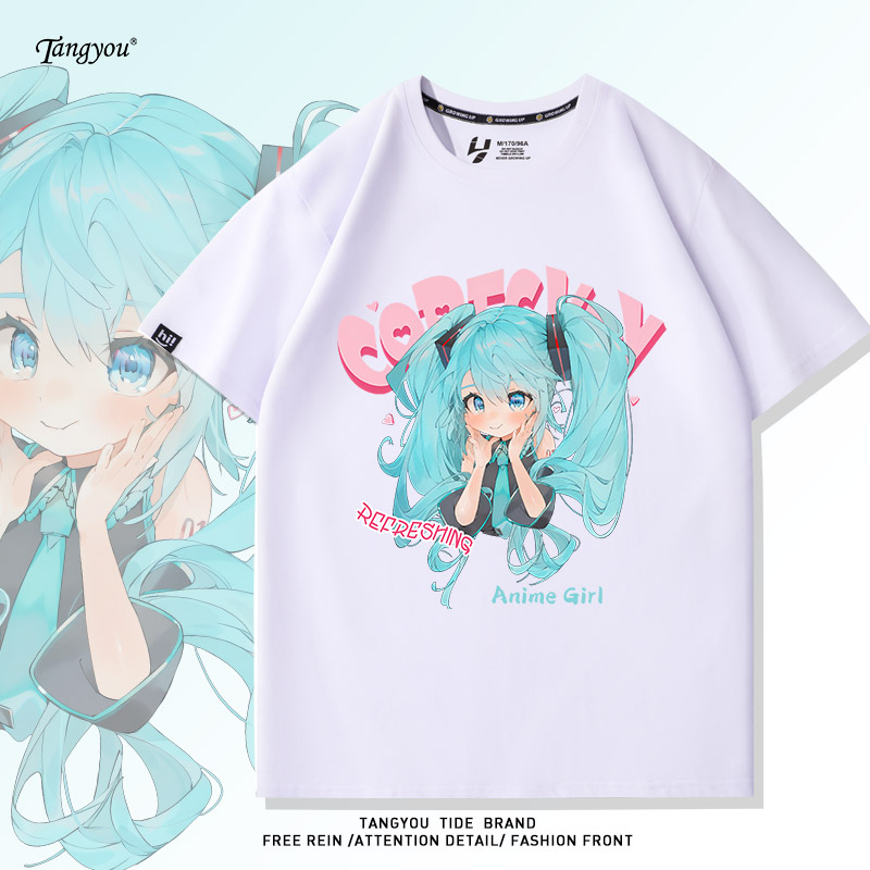 日系卡通设计感初音未来动漫短袖t恤男潮牌纯棉大码宽松休闲体恤