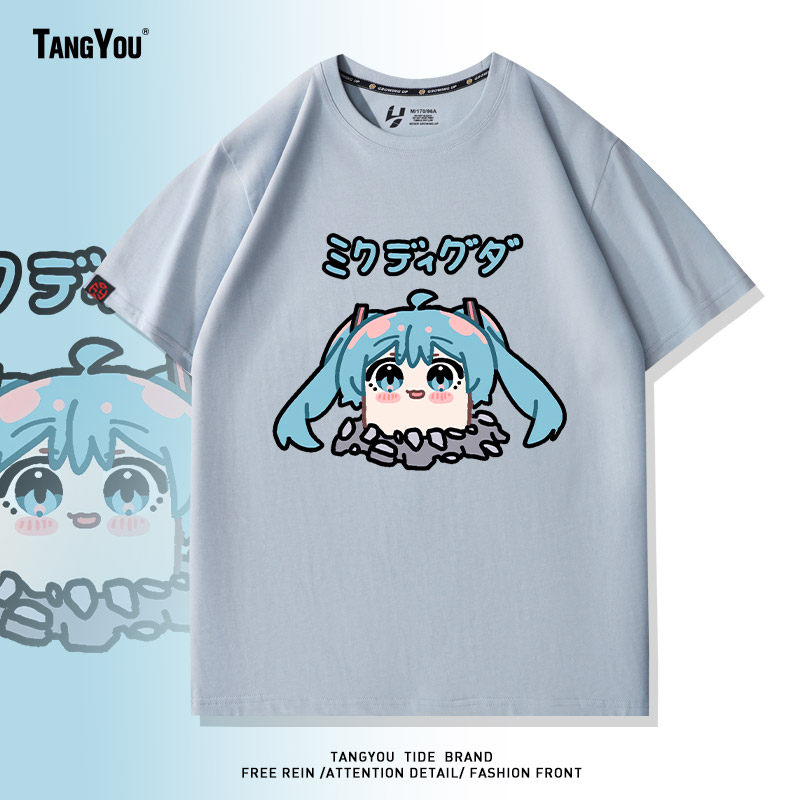 初音搞怪联动地鼠神奇宝贝卡通二次元T恤学生夏季纯棉宽松短袖潮