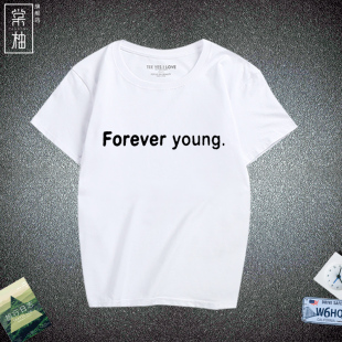 男女情侣休闲纯棉圆领T恤衫 forever 字母印花短袖 个性 young时尚
