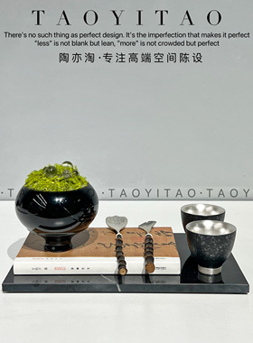 新中式样板房间售楼处茶几茶室茶杯书房摆件软装饰品苔藓花器组合