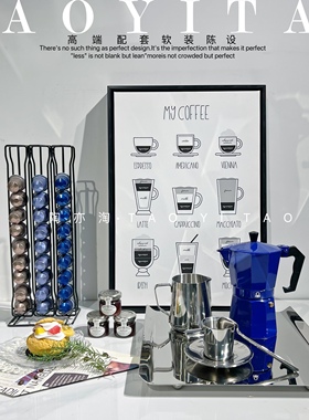现代轻奢样板房间蓝色系厨房咖啡主题套装摩卡壶咖啡胶囊架画摆件
