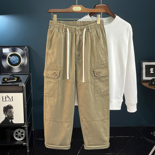 潮牌长裤 春季 男宽松2026年松紧腰直筒休闲裤 裤 子 卡其色多口袋工装
