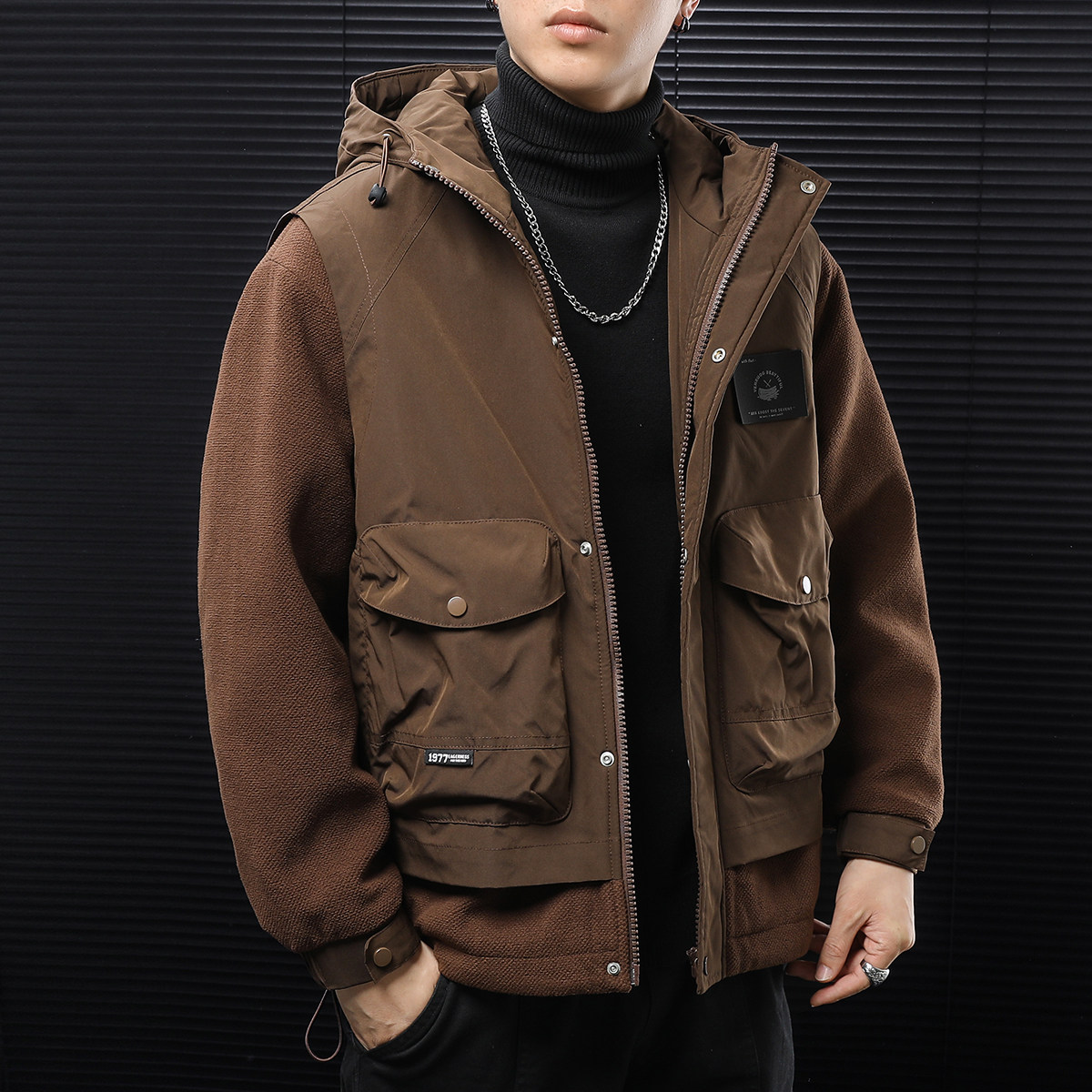 冬季咖啡色连帽假两件棉服男加厚保暖外套2025年新款棉衣男士宽松