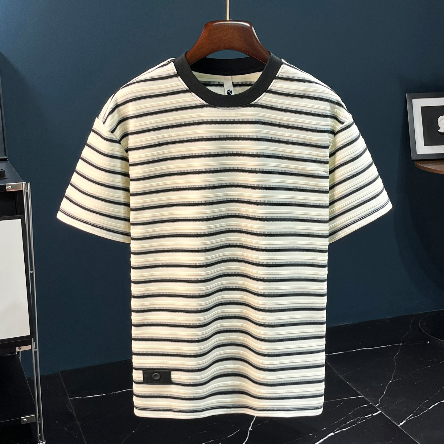 夏季新款条纹短袖T恤男士宽松圆领五分袖体恤衫大码胖子上衣潮流