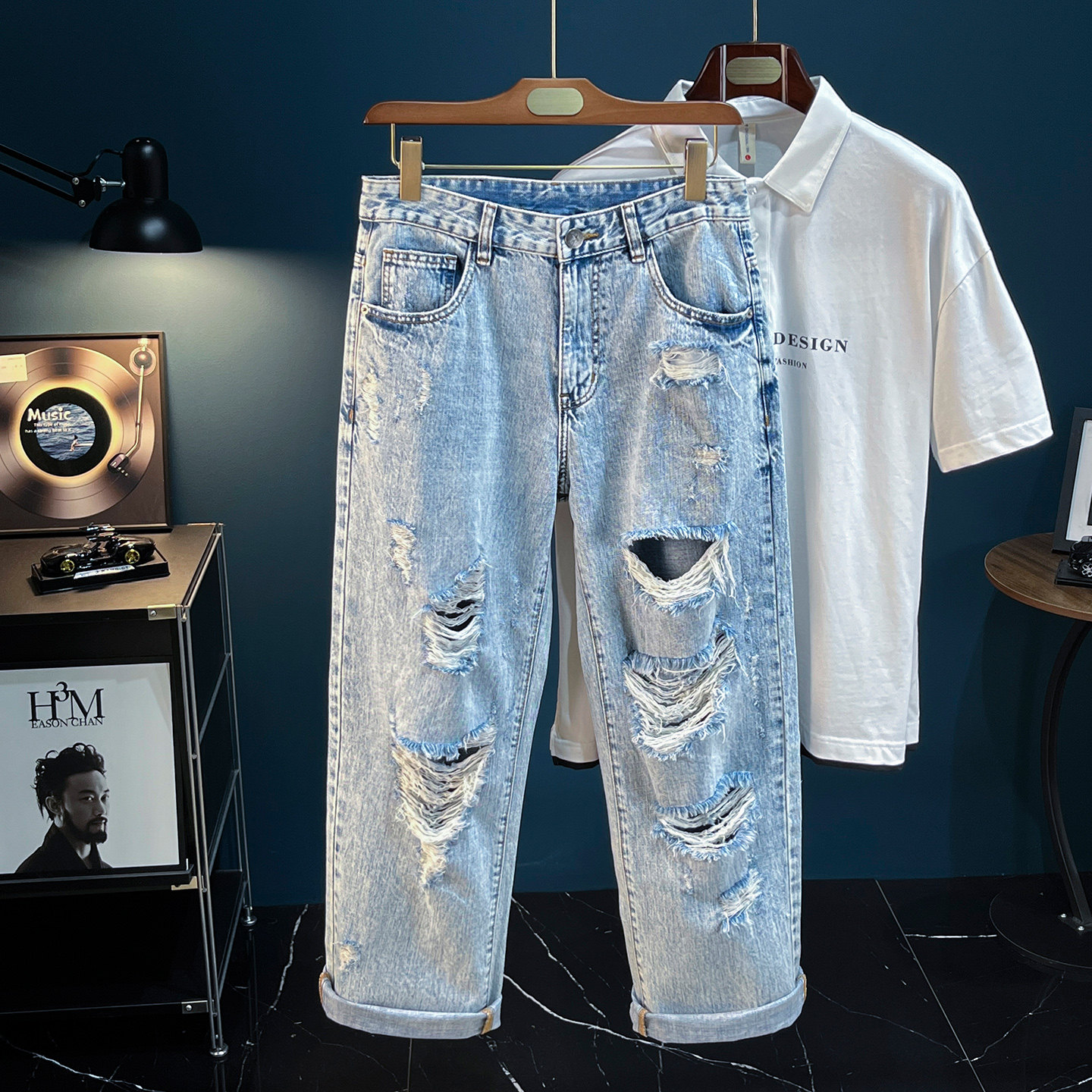 美式风街头夜店破洞牛仔裤男宽松乞丐裤2026炒雪花直筒长裤子潮牌