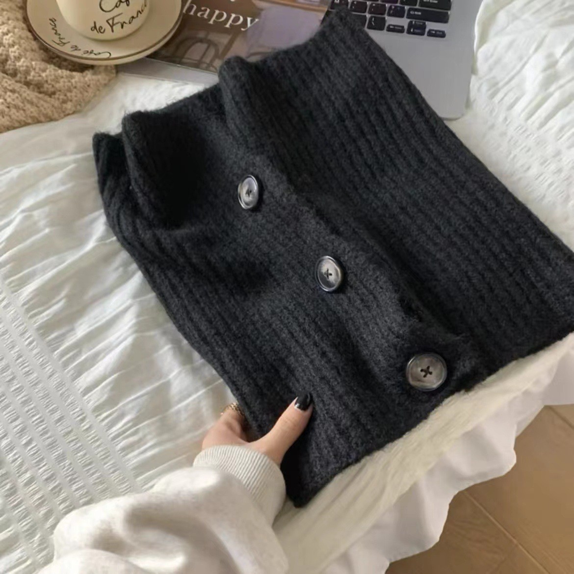 纽扣围脖韩国复古保暖学生女秋冬百搭脖套防寒护颈披肩纯色围SD46