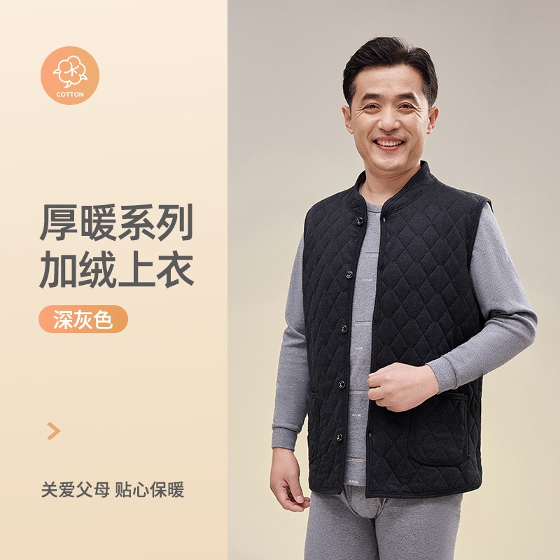 中老年三层夹棉保暖上衣男士外穿马甲加绒加厚老人对襟系扣背xc43