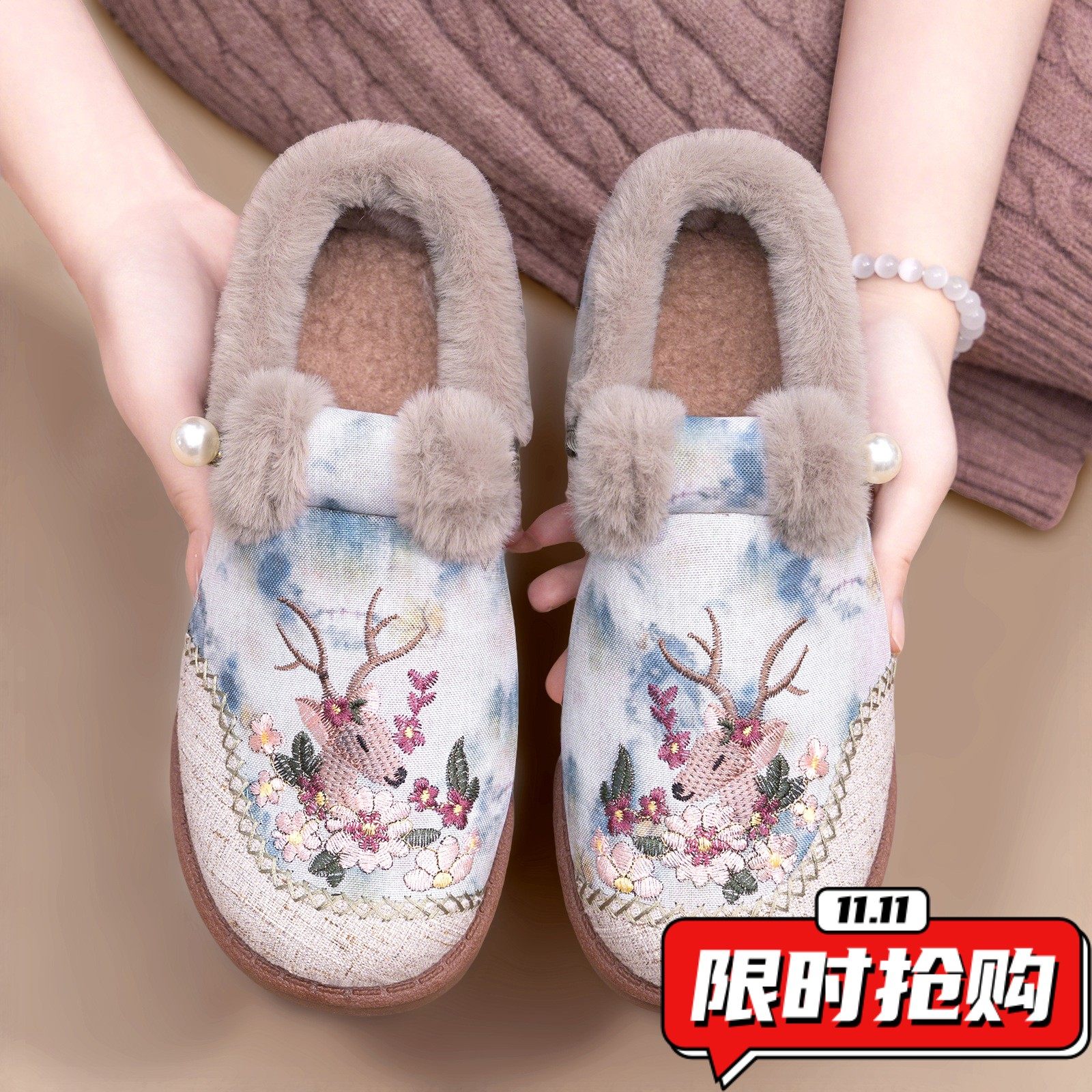 棉鞋女冬季新款休闲百搭国风一鹿生花棉靴加绒加厚绣花雪地靴YY69