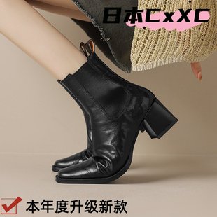 英伦风马丁靴2024年秋冬季 复古单靴切尔西粗跟方头短靴女YY09 新款