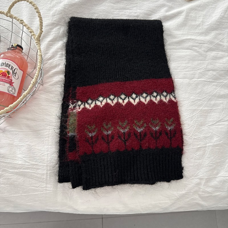 新款文艺复古提花撞色针织围巾女冬季韩系日系保暖防寒情侣围SD73