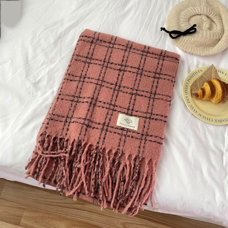 新款安可拉红格子围巾女高级感秋冬韩版百搭软糯保暖流苏披肩SD87