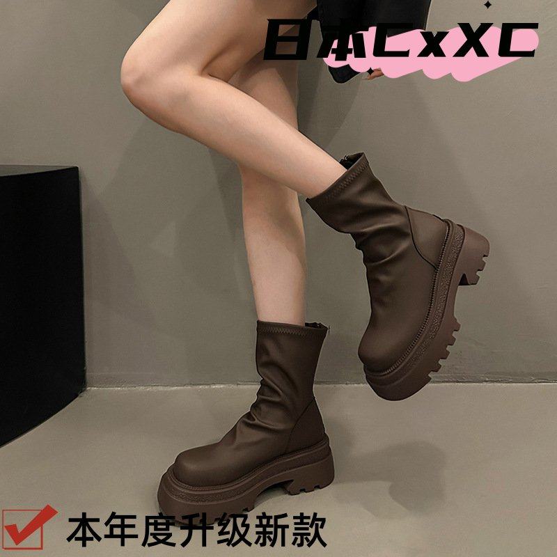 粗跟短靴女2025秋冬新款厚底褶皱堆堆靴时尚小个子显瘦弹力瘦YY20