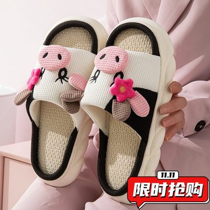 贴花奶牛亚麻拖鞋踩屎感室内居家用防滑外穿厚底凉拖YY05