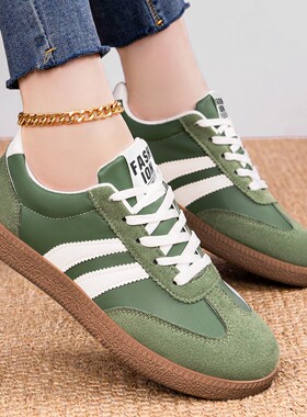 绿色德训鞋女款2026春新款百搭阿甘鞋轻便软底运动鞋子